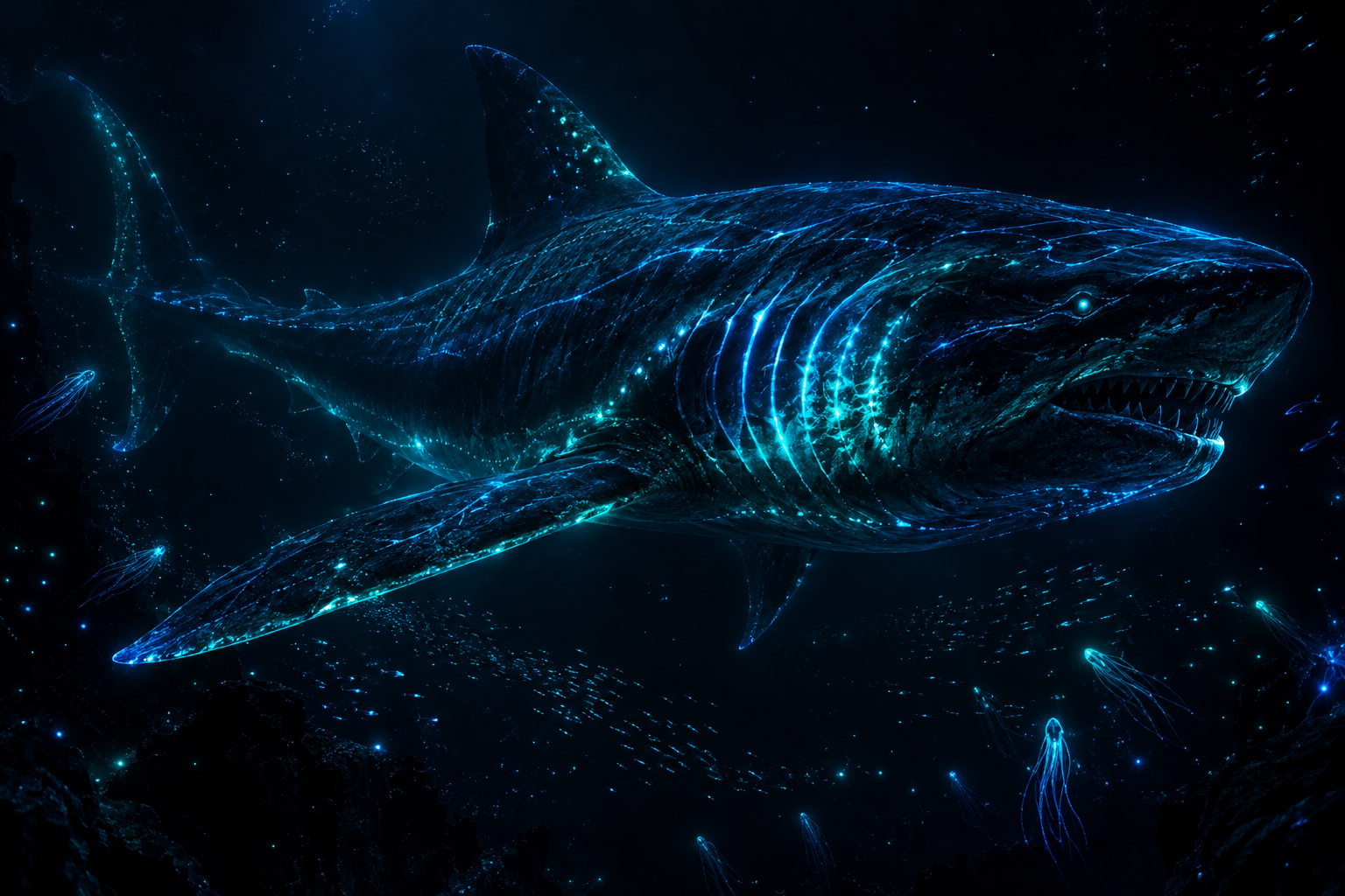 Bioluminescent shark glowing blue and teal underwater